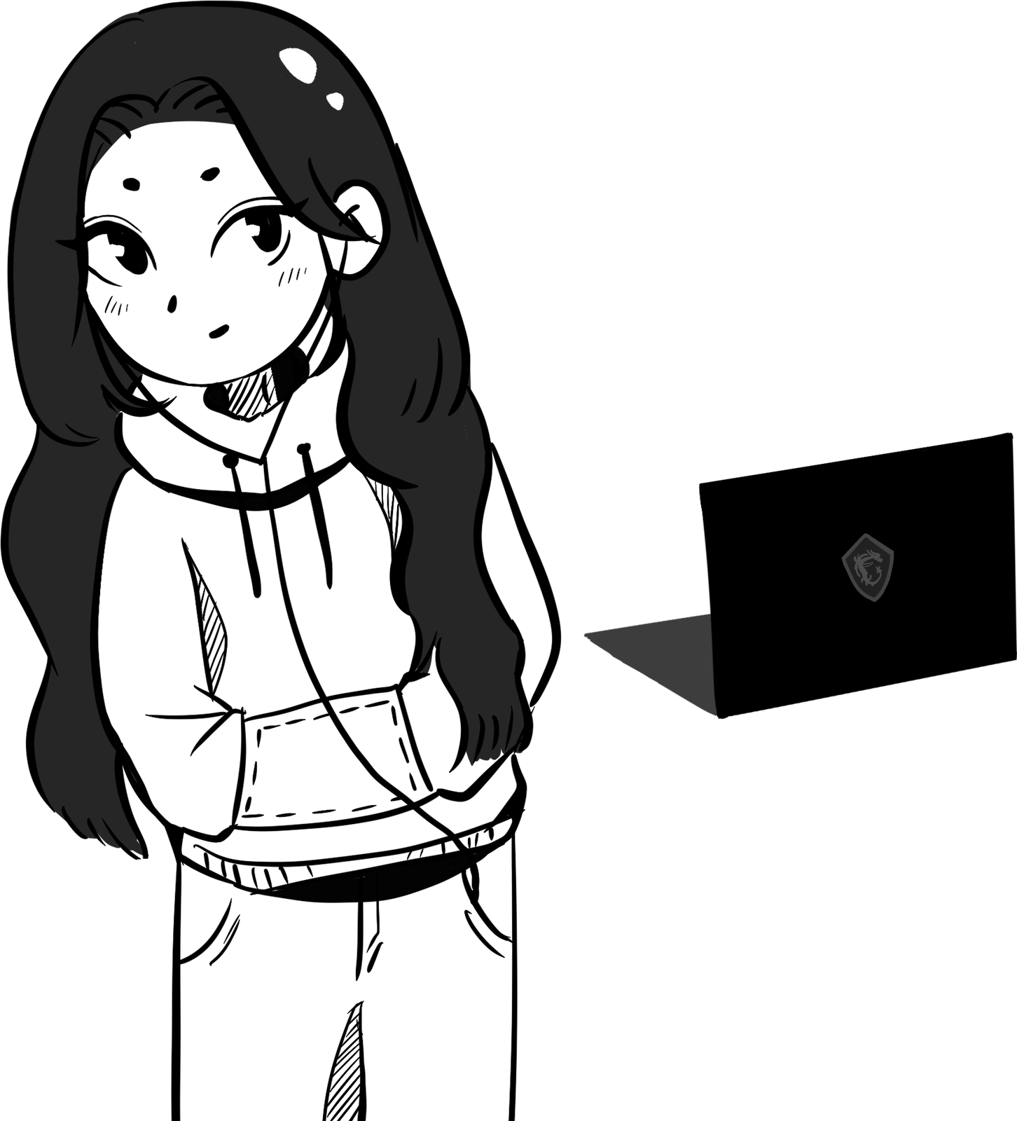Doodled sketch of a girl with long dark hair in a hoodie, standing beside a laptop